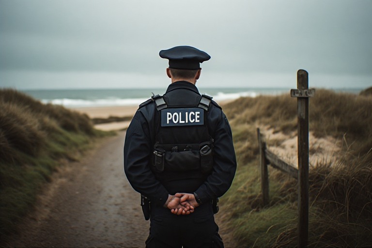 A UK police officer standing calmly on a coastal footpath near a naturist beach, looking out to sea rather than intervening — is naturism legal in the UK