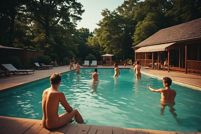 Members relaxing around an outdoor swimming pool at a UK naturist club on a summer afternoon — what happens at a naturist club