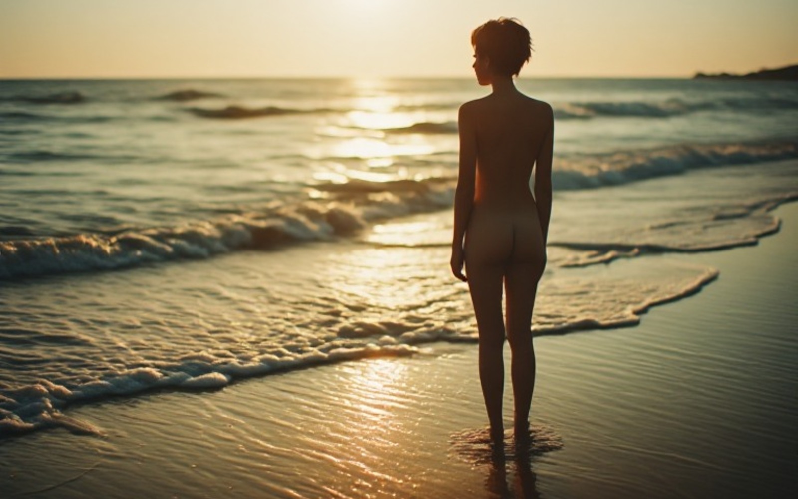 A figure standing at the shoreline at sunset, waves washing over their feet